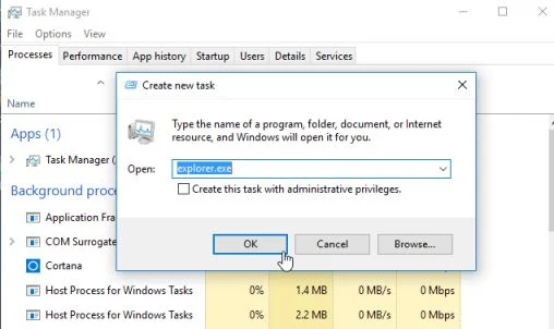 Type explorer.exe in Task Manager to start Windows explorer.exe command