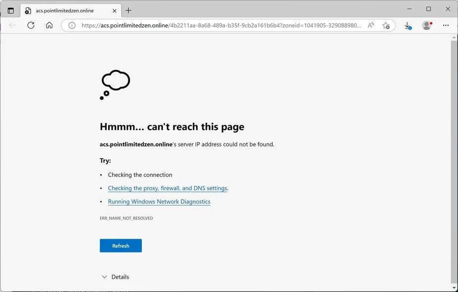 Image: Chrome browser is redirected to the Pointlimitedzen.online site