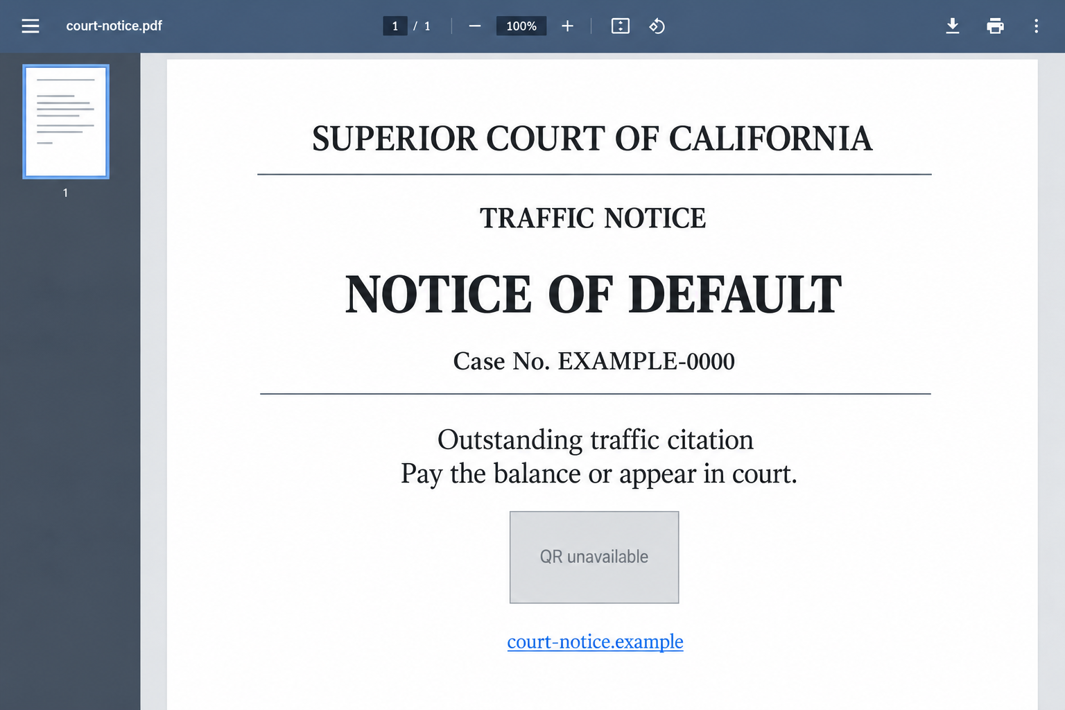 Illustration of a fraudulent California superior court traffic notice with an example case reference