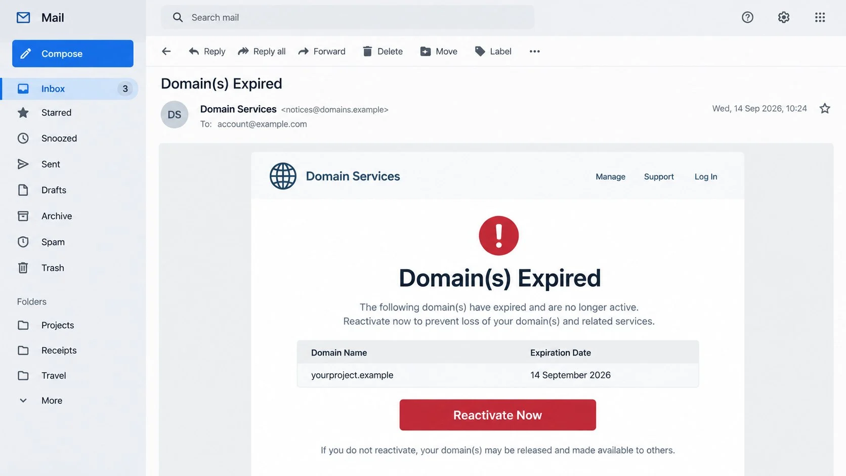 Domain Expired Email Scam: Fake Reactivation Login Page Fully Exposed Today 1 Illustrative Domain Expired phishing email with a reactivation button