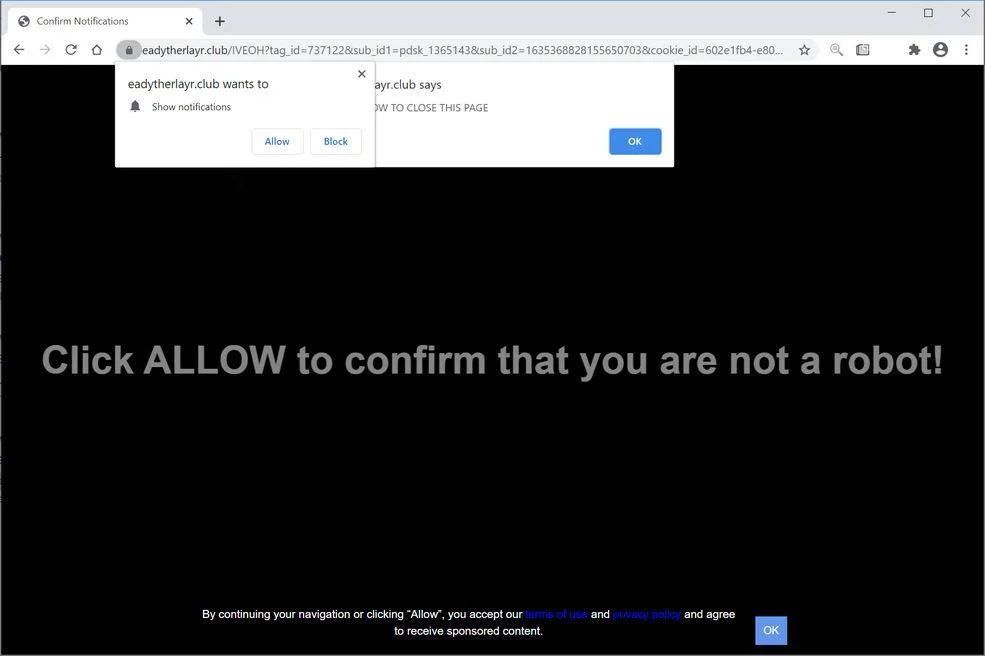 Remove Eadytherlayr.club pop-up ads (Virus Removal Guide) 1 Image: Chrome browser is redirected to Eadytherlayr.club