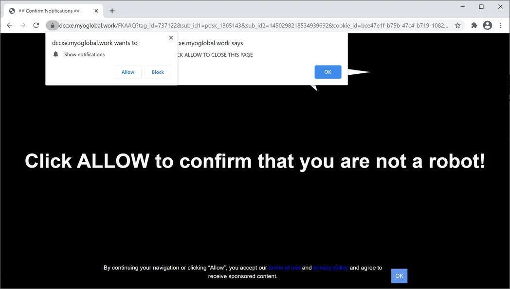 Image: Chrome browser is redirected to Myoglobal.work