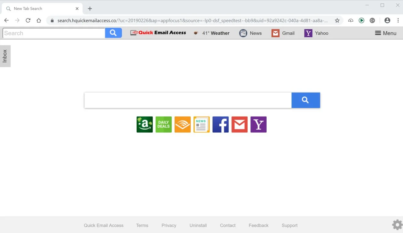 Image: Google Chrome is redirected to the Quick Email Access New Tab Search