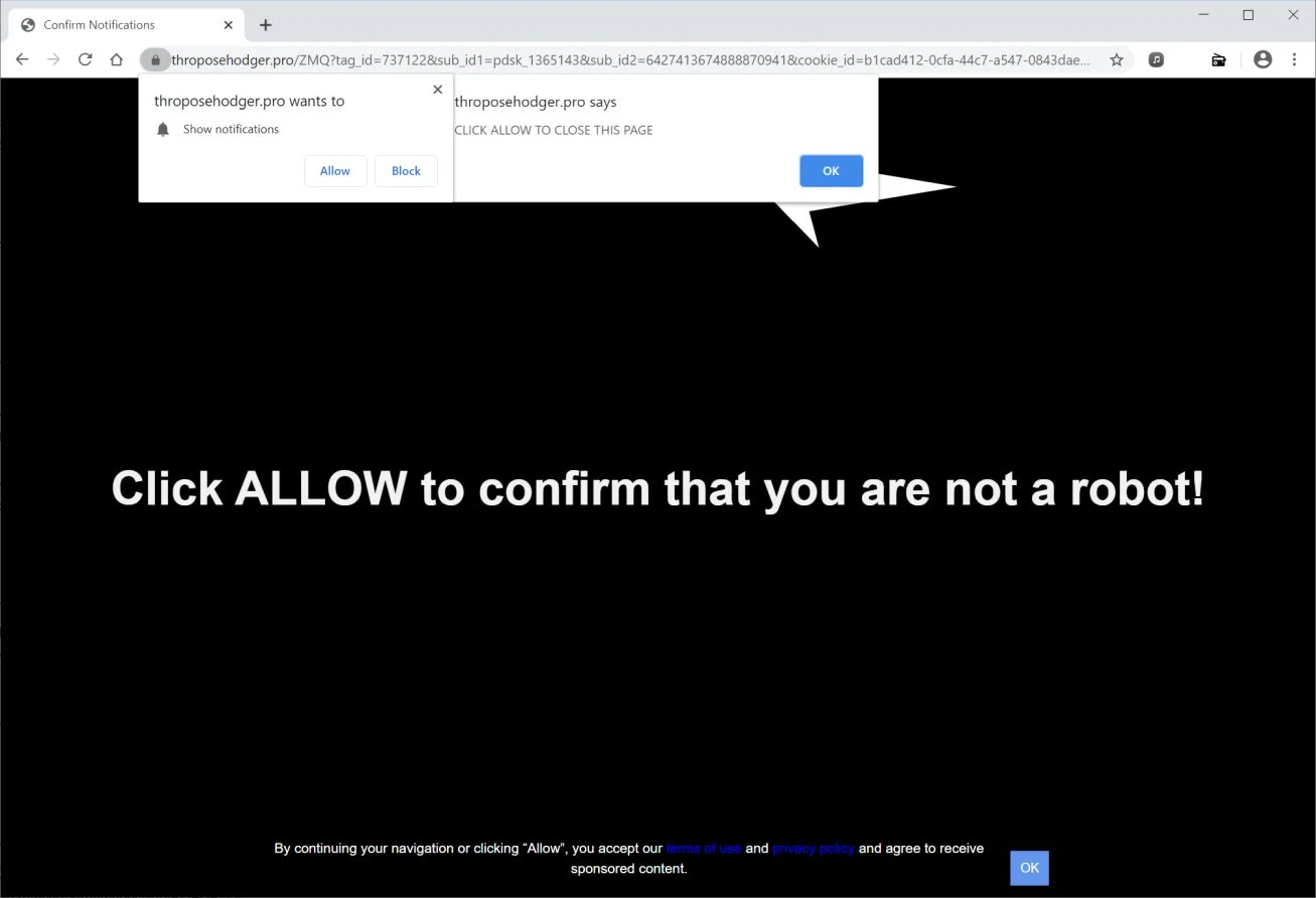 Image: Chrome browser is redirected to Throposehodger.pro