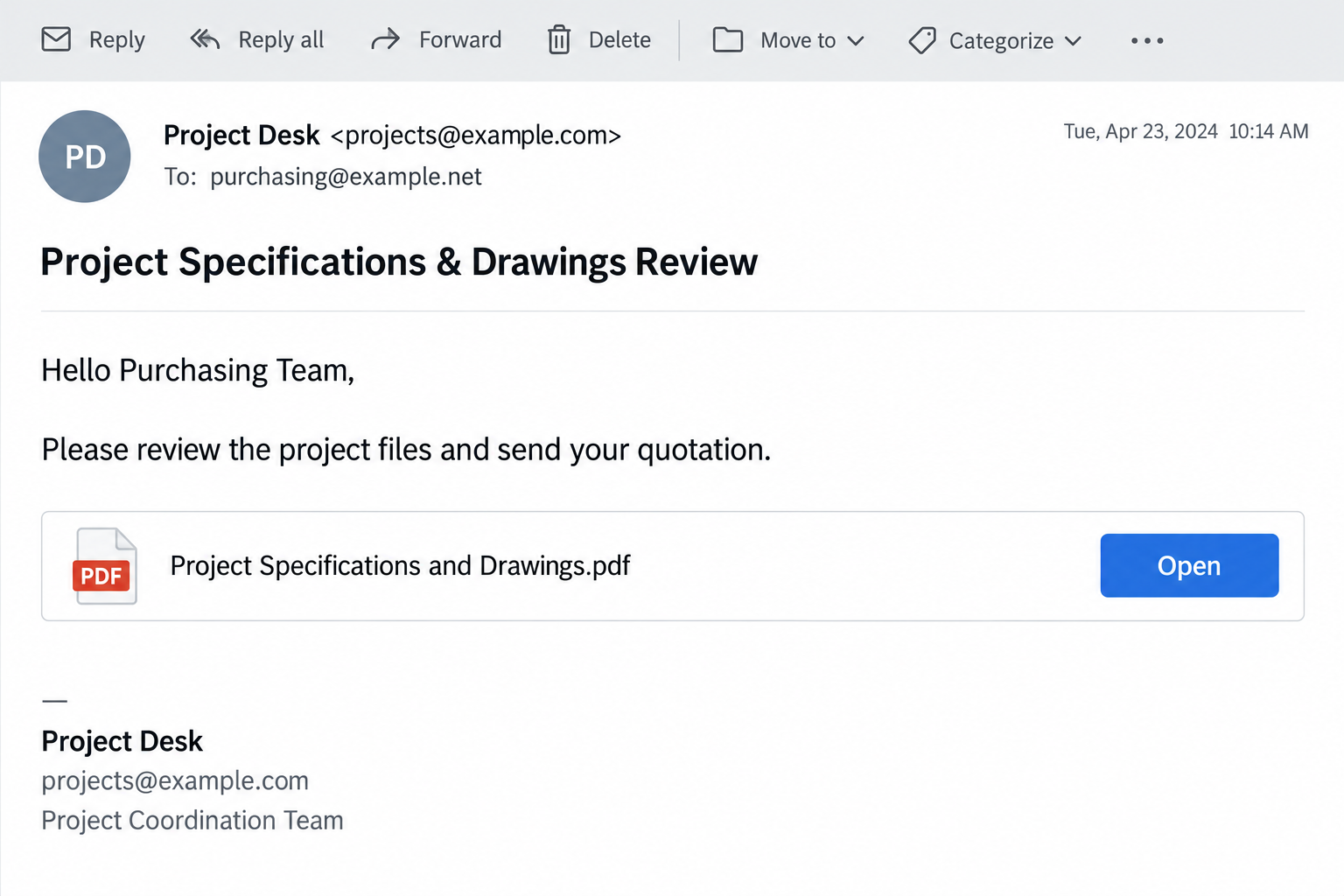 Project Specifications and Drawings Email Scam: Fake SharePoint Request 1 Illustrative business email requesting review of project specifications and drawings through an Open button