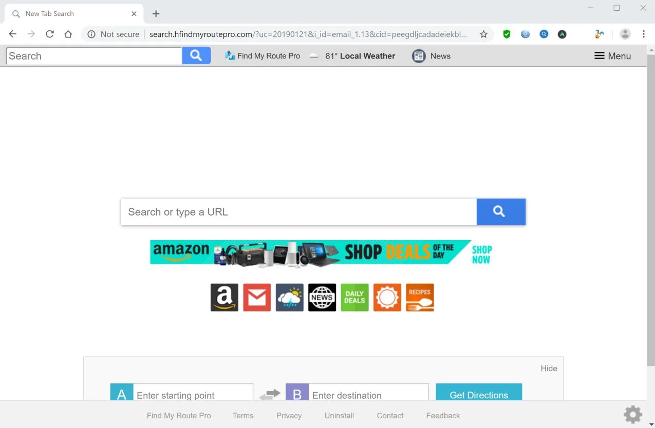 Image: Chrome browser is redirected to search.hfindmyroutepro.com
