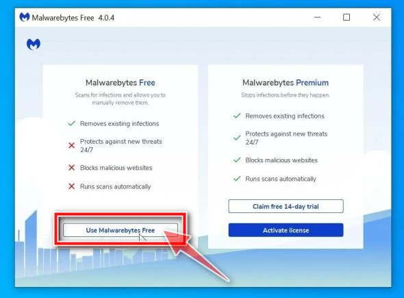 Click on Use Malwarebytes Free Click on Use Malwarebytes Free to continue with the install