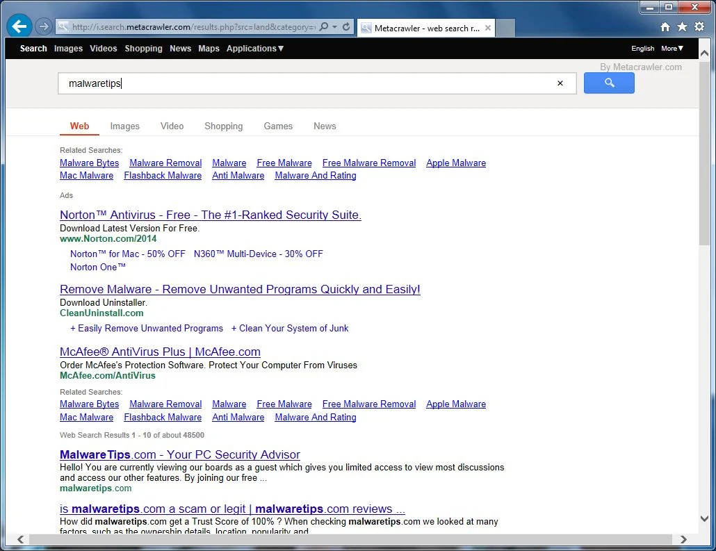 [Image: Metacrawler Search redirect]