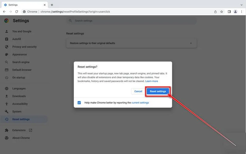 Confirm Reset Chrome browser