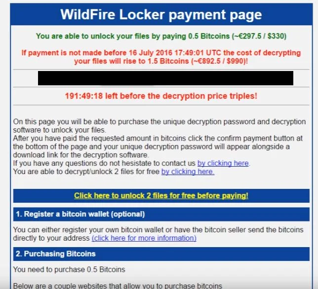 WildFire Locker payment page virus