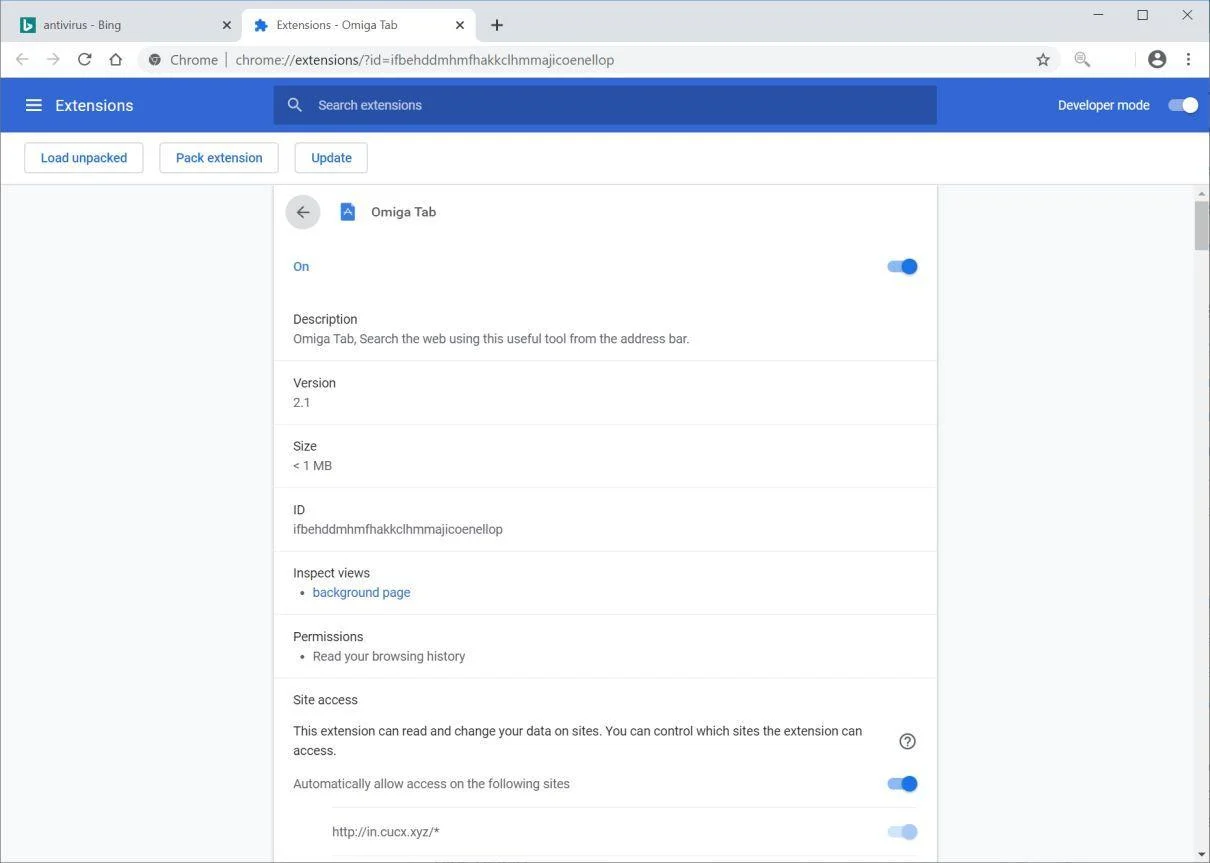 Image: Chrome browser is redirected to Omiga Tab
