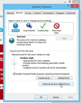 Reset all zones to default level Reset all zones to default level in Internet Exlorer
