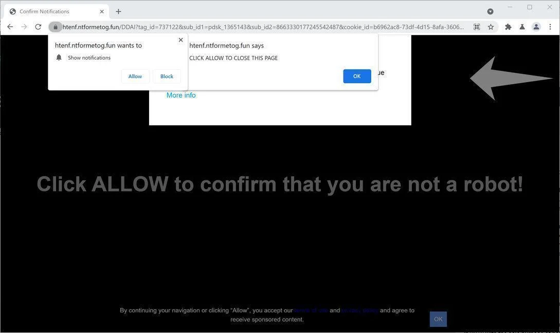 Remove Ntformetog.fun pop-up ads (Virus Removal Guide) 1 Image: Chrome browser is redirected to Ntformetog.fun
