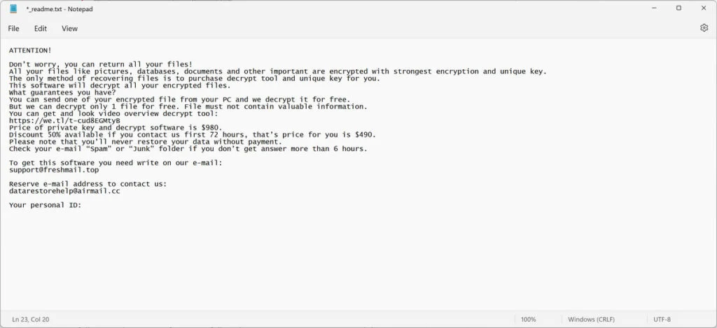 Image: Support@Freshmail.top email ransom note