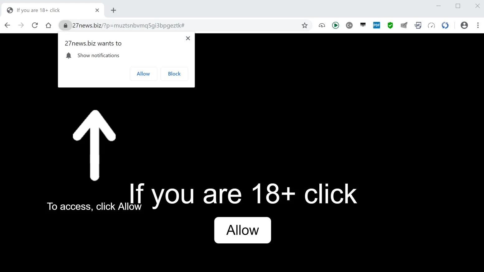 Image: Chrome browser is redirected to the 27news.biz site
