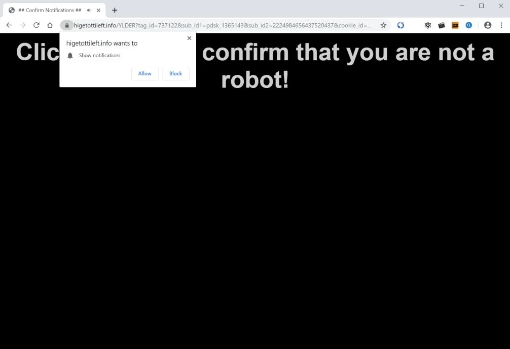 How to remove Higetottileft.info pop-up ads (Virus Removal Guide) 1 Image: Chrome browser is redirected to higetottileft.info