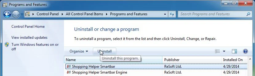 [Image: Uninstall SnapDo program from Windows]
