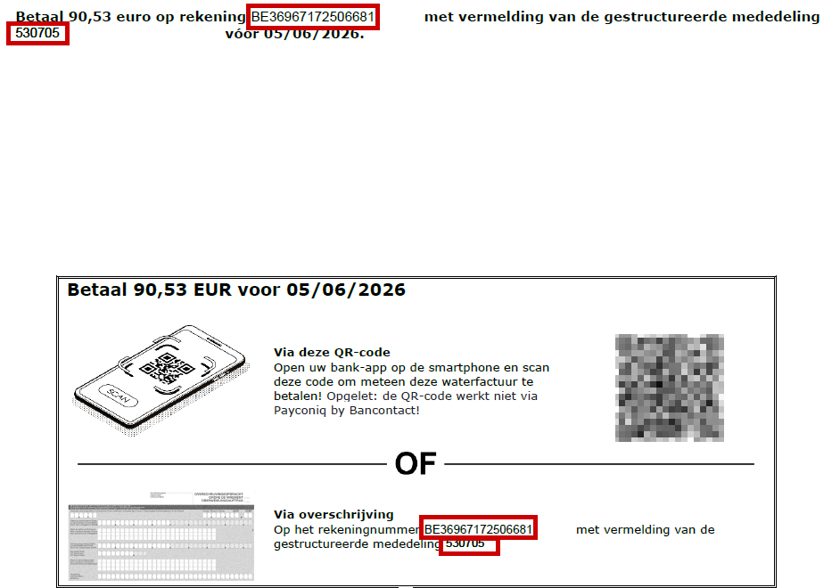 Original De Watergroep fraudulent invoice example with the altered payment account outlined and its QR code obscured by the issuer