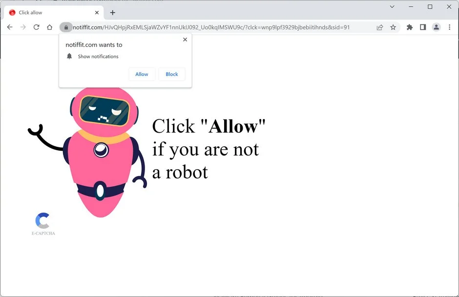 Image: Chrome browser is redirected to Notiffit.com