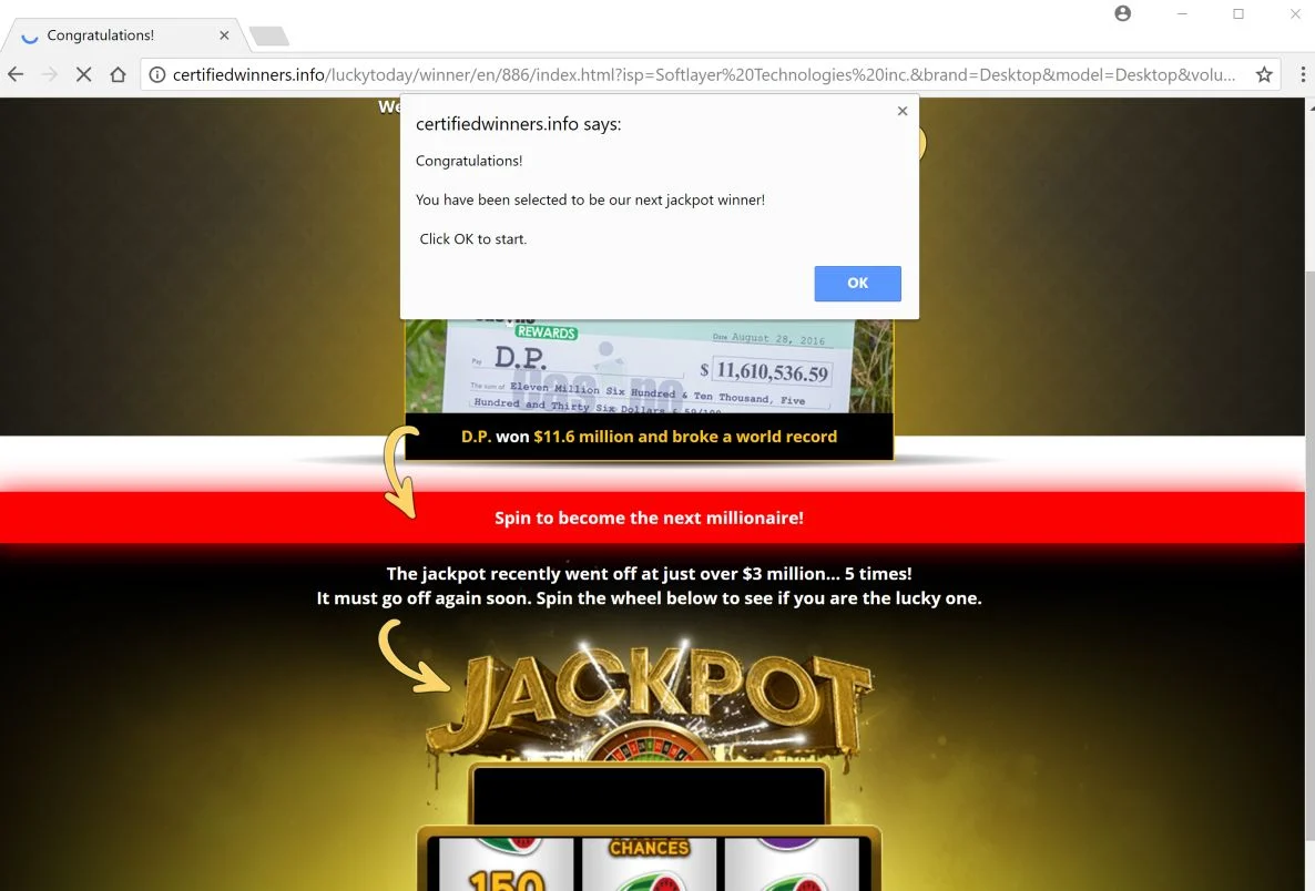 certifiedwinners.info pop-up ads scam