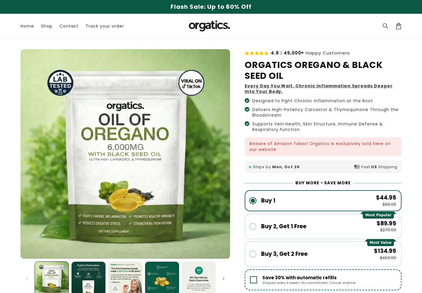 Orgatics supplement offer with bundle prices and an automatic refill option