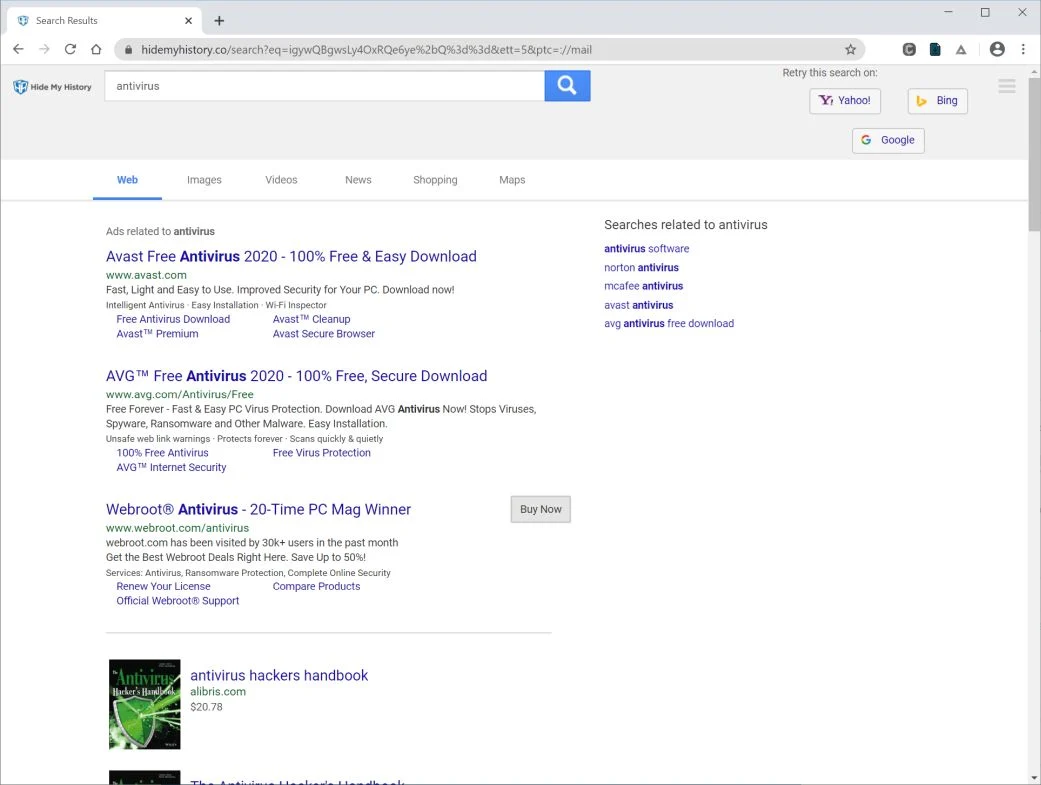 Image: Chrome browser is redirected to Hidemyhistory.co