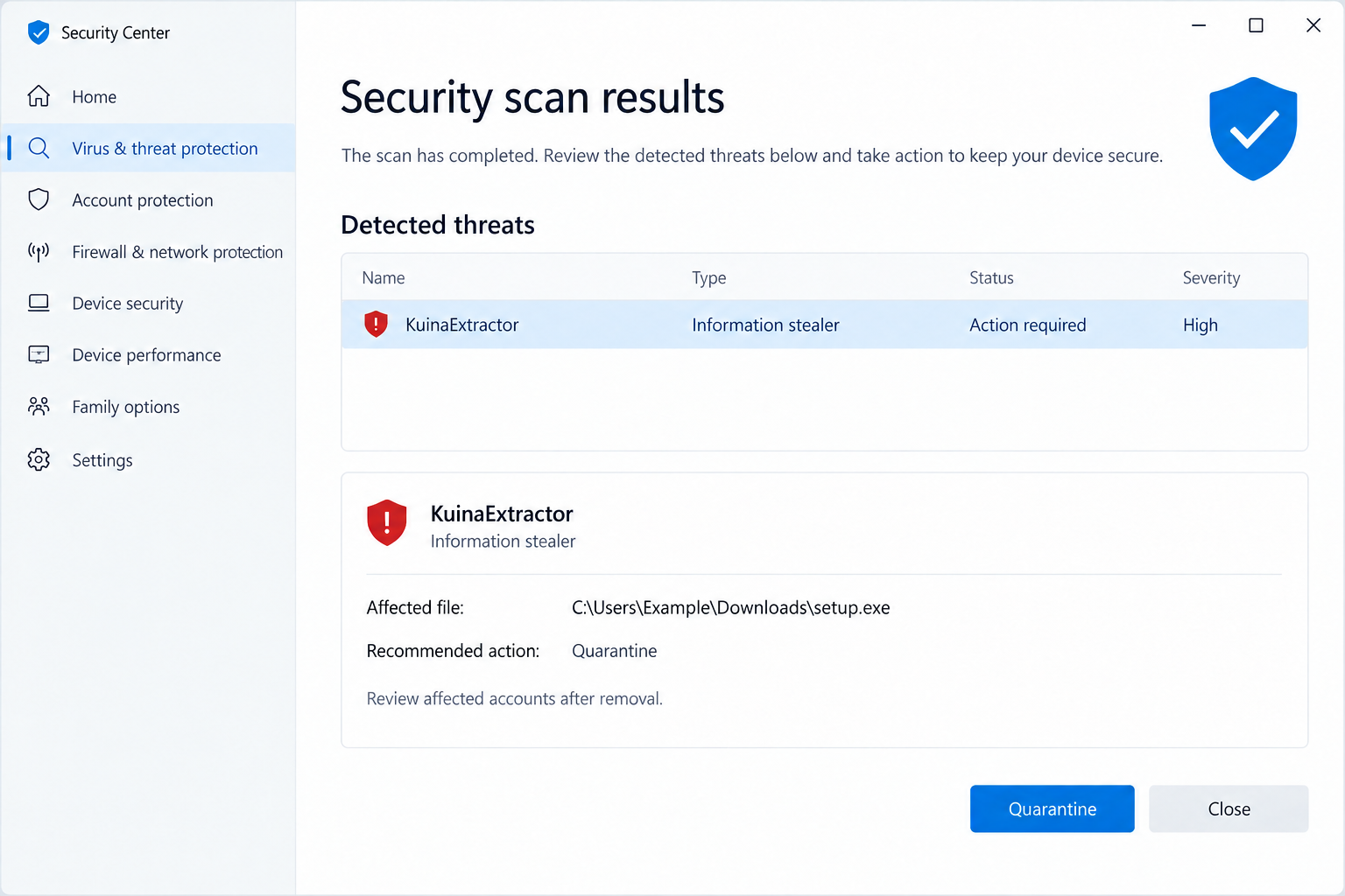 Illustrative security scan result identifying KuinaExtractor as an information stealer requiring quarantine and account review