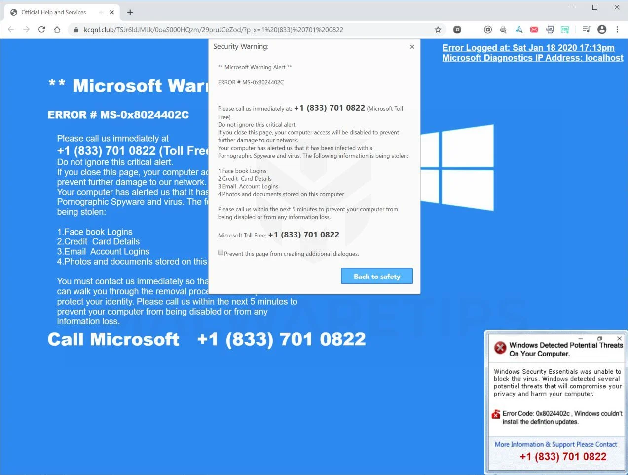 How to remove Kcqnl.club pop-ups (Microsoft Support Scam) 1 Image: Kcqnl.club - Tech Support Scam