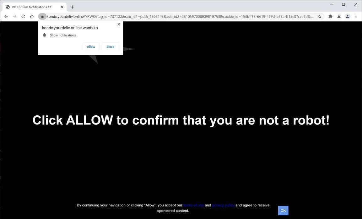 Image: Chrome browser is redirected to Yourdeliv.online