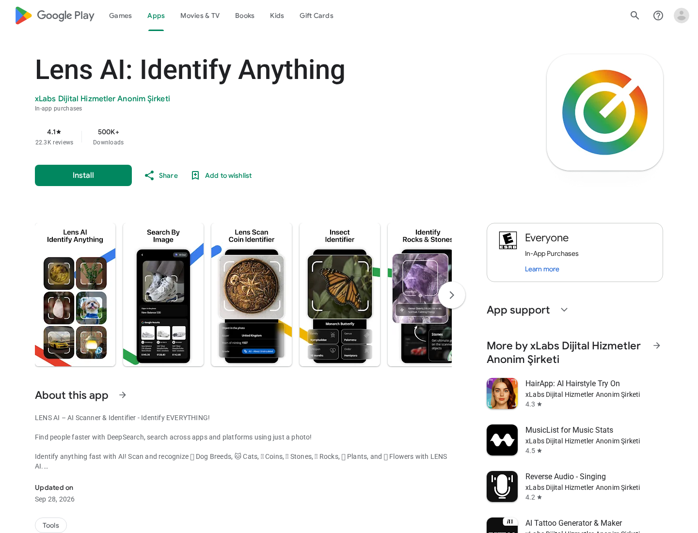 Lens AI EXPOSED: Scam or Legit? People Search and Billing Investigation 1 Lens AI Identify Anything Google Play listing showing the developer and in-app purchases