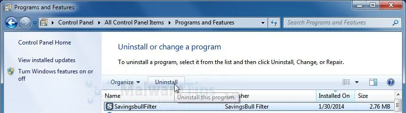 [Image: Uninstall Savings Bull program from Windows]