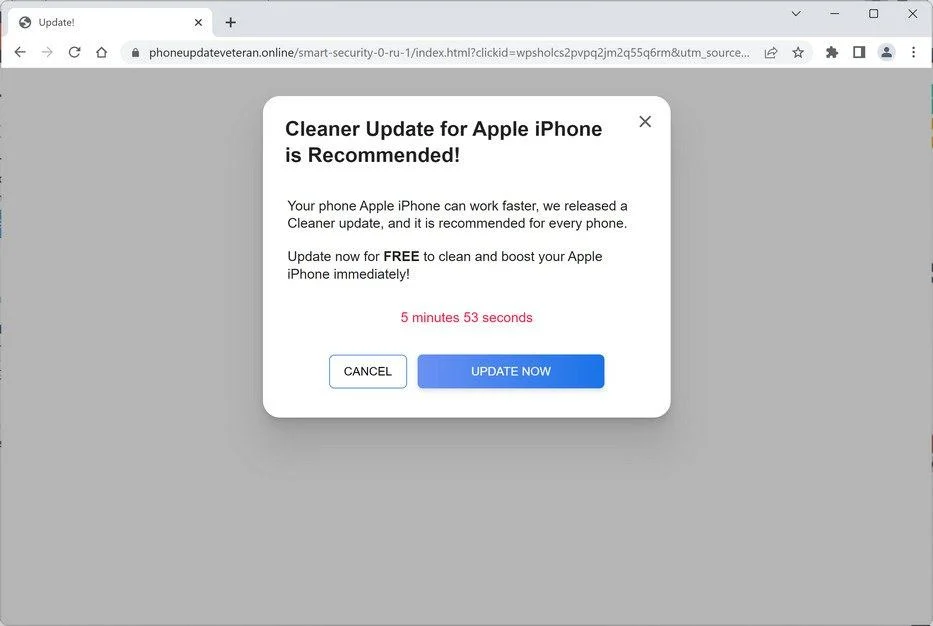 Image: Chrome browser is redirected to the Phoneupdateveteran.online site