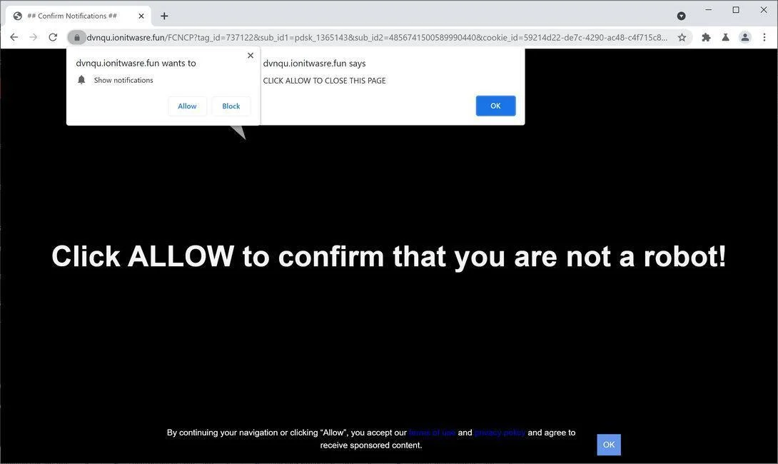 Image: Chrome browser is redirected to Ionitwasre.fun