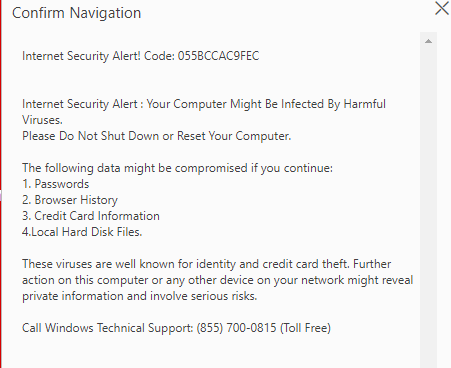 Remove "Internet Security Alert! Code: 055BCCAC9FEC" Pop-up Scam 1 Internet Security Alert! Code: 055BCCAC9FEC pop-up scam