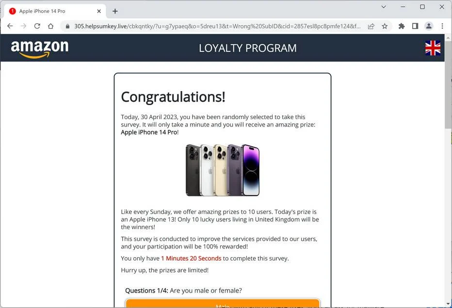 Screenshot of Helpsumkey.live Fake Survey