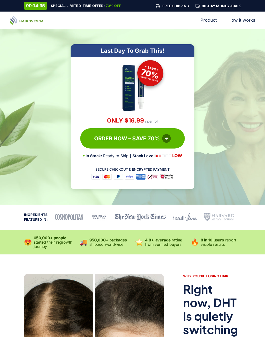 Hairovesca EXPOSED: Hair Regrowth Claims, Refills and Return Restrictions 1 Hairovesca hair growth serum offer promoting discounted roll-ons and a 30-day guarantee