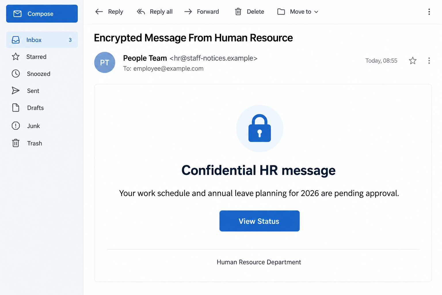 Original fictional encrypted HR email illustration about schedules and annual leave with a View Status button