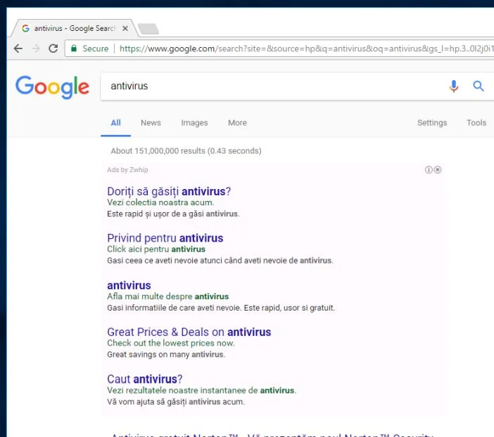 Ads by Zwhip virus