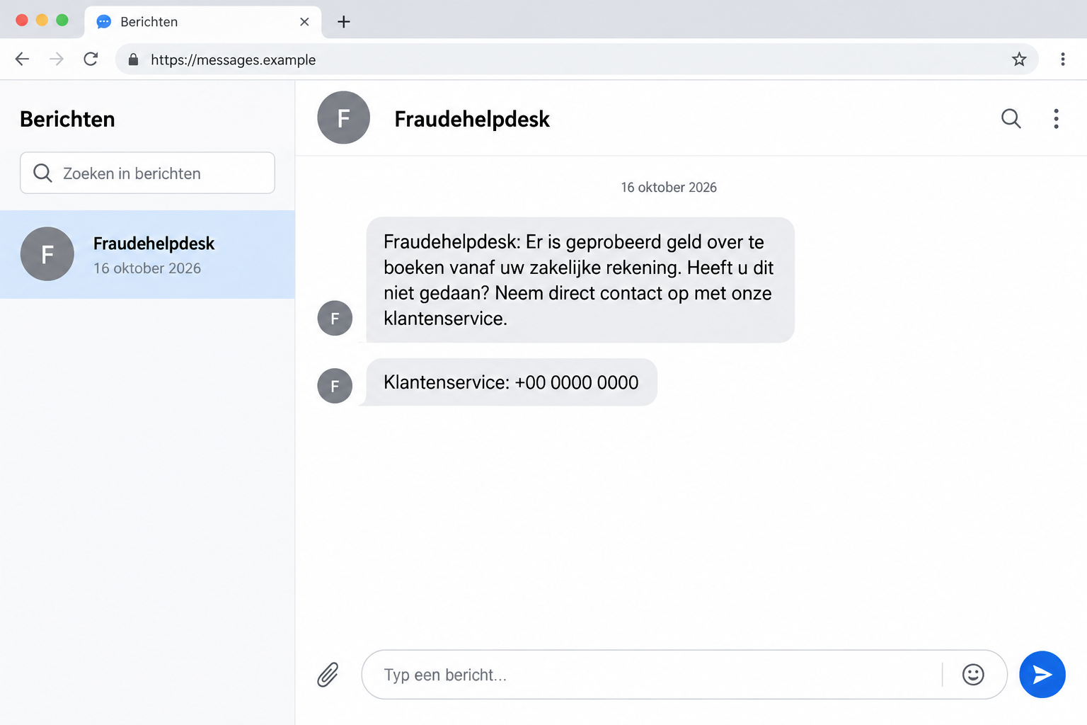 Illustrative false Fraudehelpdesk text about a suspicious business transfer with a deliberately invalid callback number
