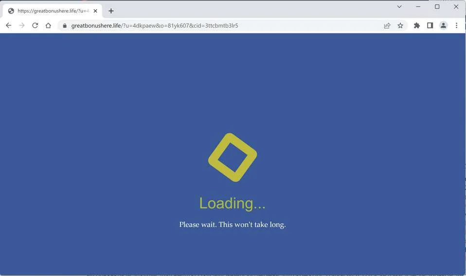 Image: Chrome browser is redirected to the Greatbonushere.life site