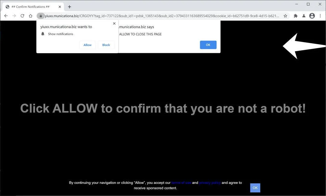 Image: Chrome browser is redirected to Municationa.biz