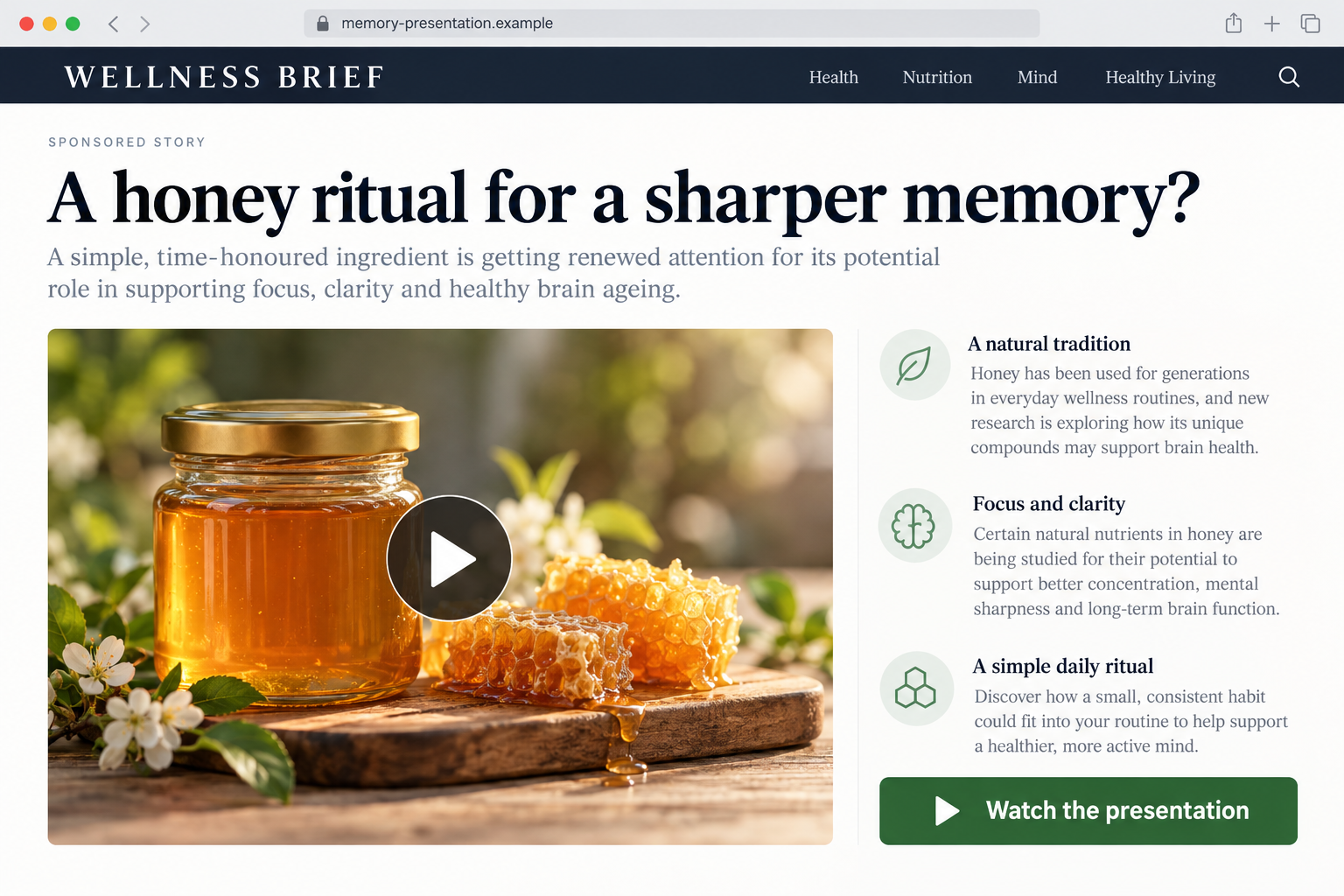 Dr. Daniel Amen Honey Recipe Scam Exposed: Fake Memory Cure Ads Explained 1 Illustrative health advertorial offering a honey memory ritual, using a fictional example address and no genuine doctor endorsement