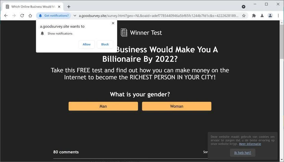 Remove Goodsurvey.site pop-up ads (Virus Removal Guide) 1 Image: Chrome browser is redirected to Goodsurvey.site