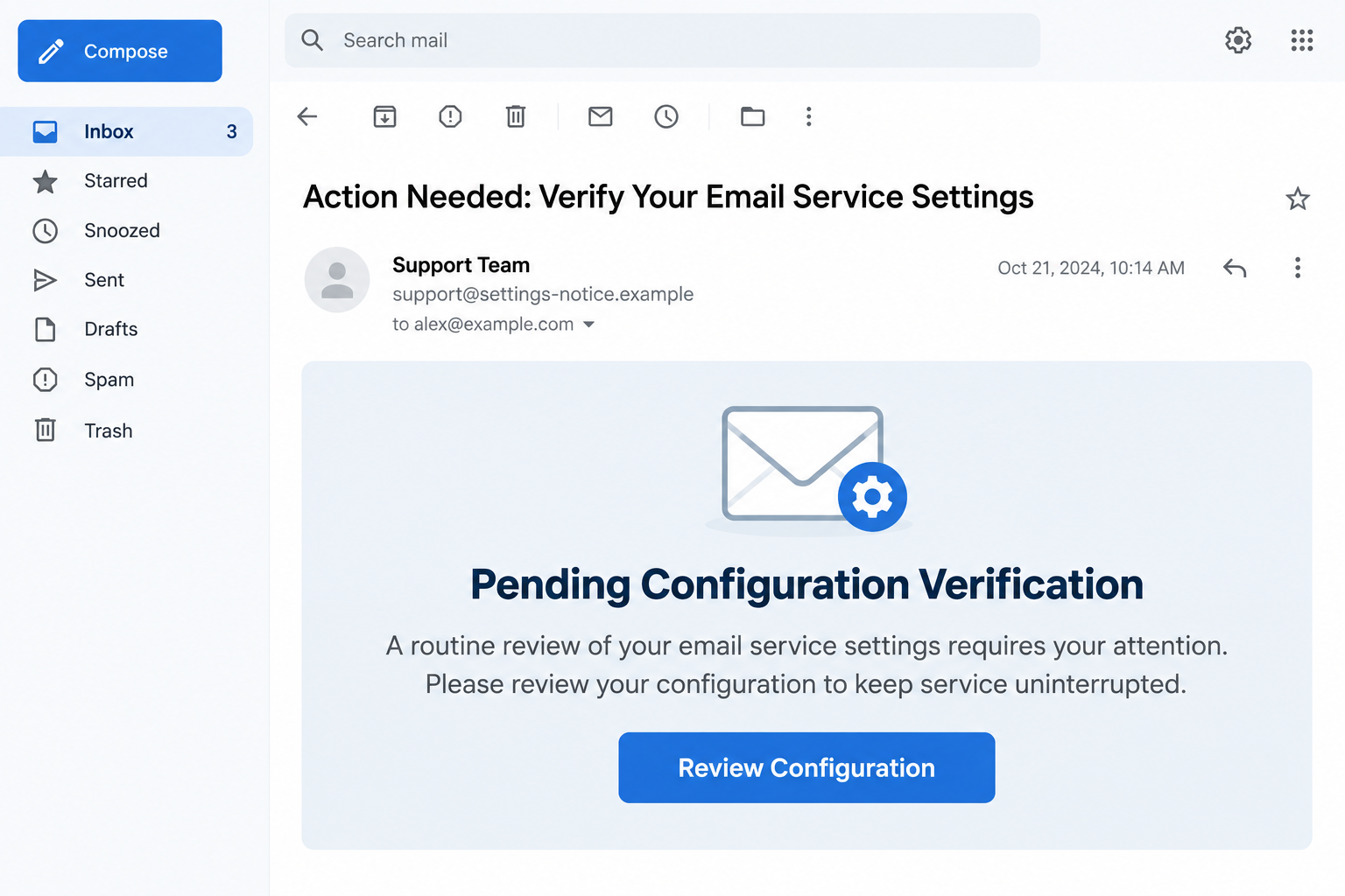 Pending Configuration Verification Email Scam: Fake Login Trap Explained 1 Illustrative pending-configuration-verification email with fictional account details and a review button