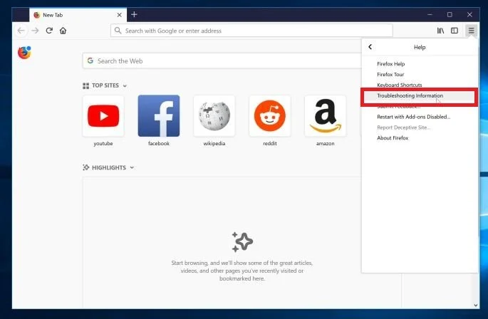 Troubleshooting Information option in Firefox Troubleshooting Information option in Firefox
