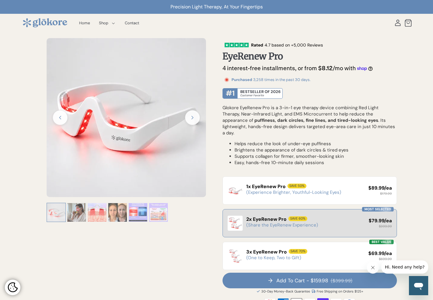 Glokore EyeRenew Pro glasses and package prices on the product page