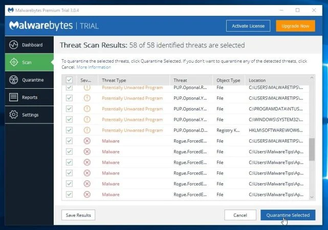 Click on the Quarantine Selected button to remove malware Malwarebytes Quarantine Selected