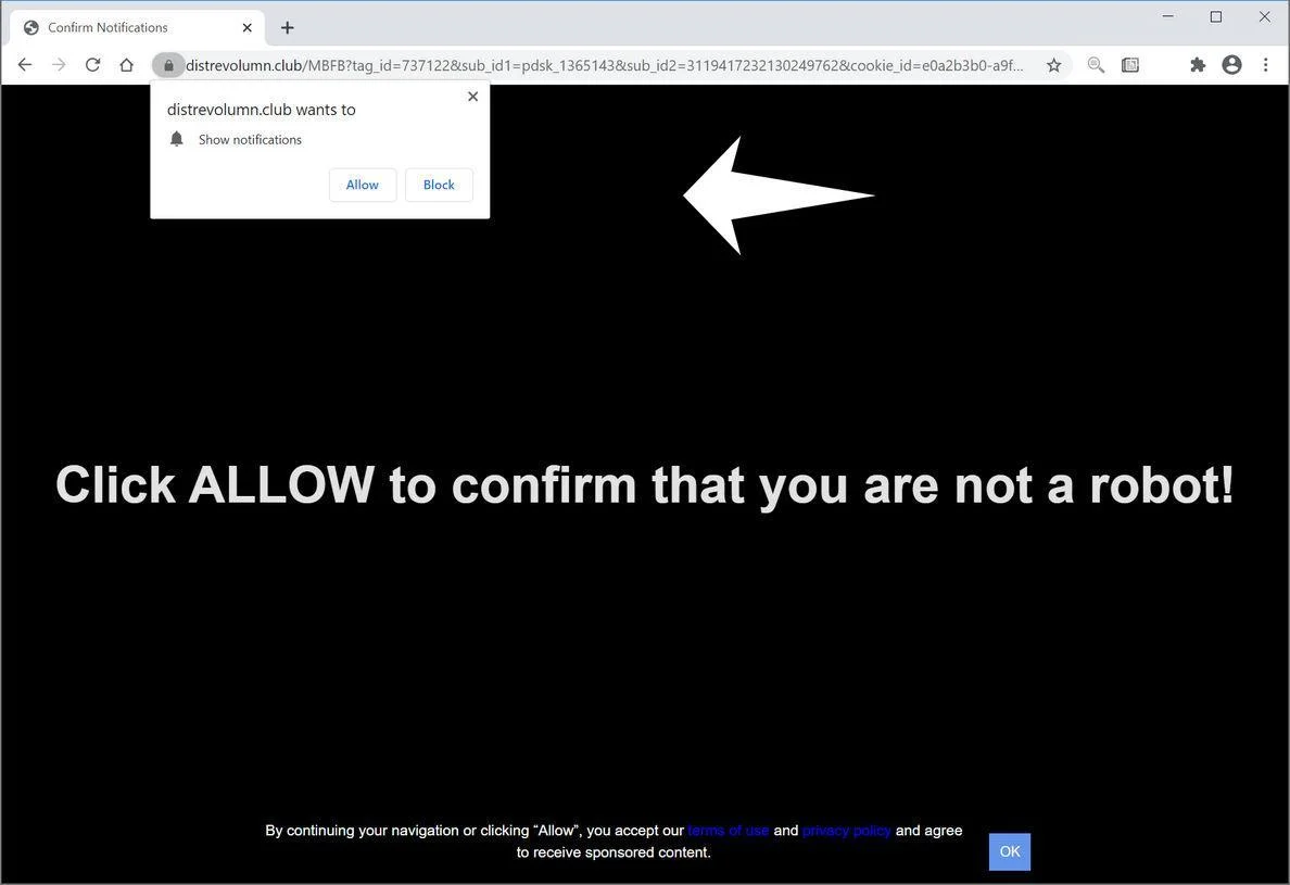 Remove Distrevolumn.club pop-up ads (Virus Removal Guide) 1 Image: Chrome browser is redirected to Distrevolumn.club