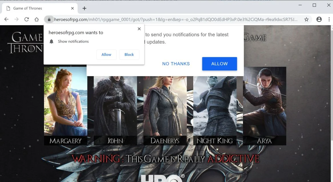 Image: Chrome browser is redirected to the Heroesofrpg.com site
