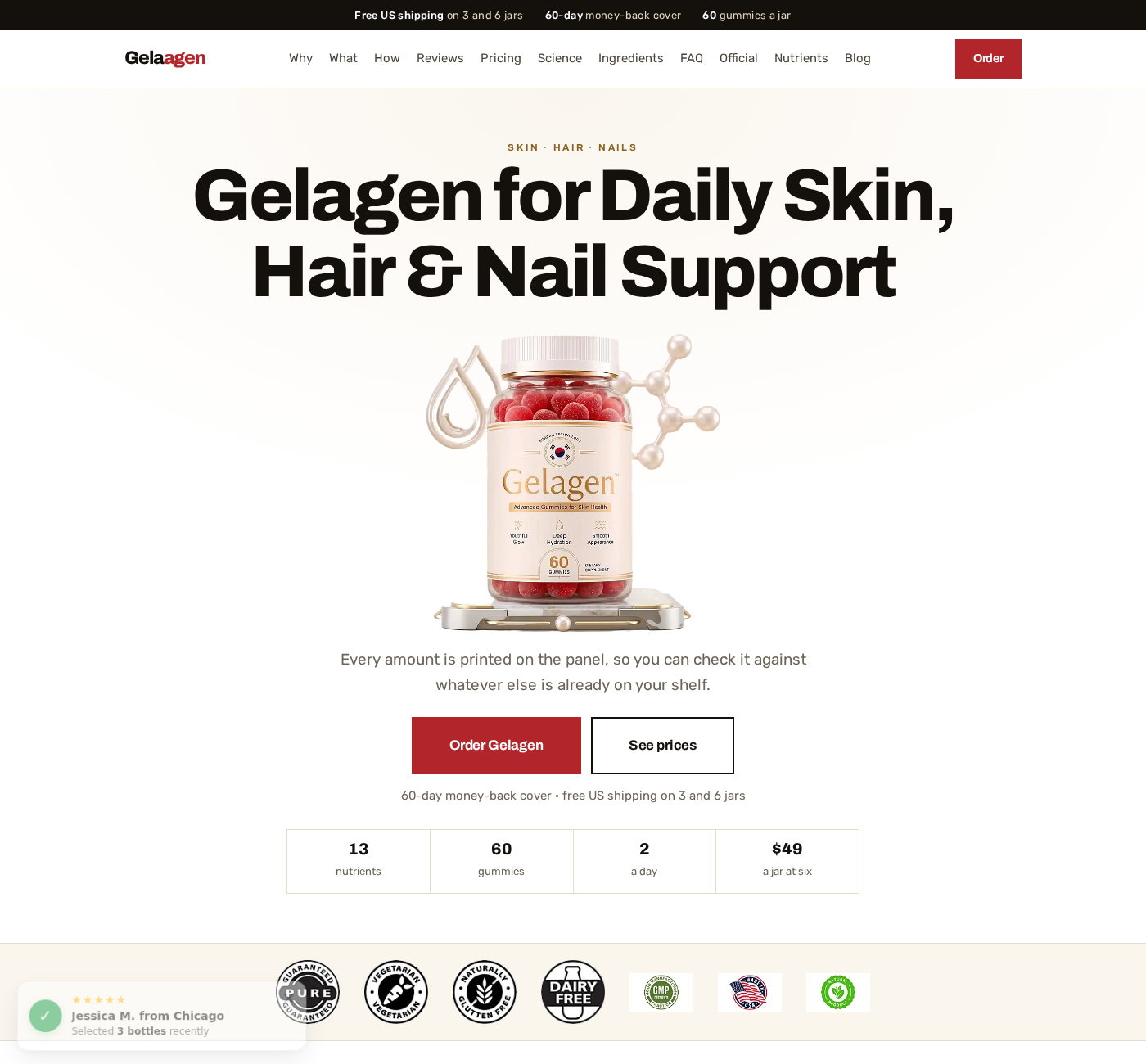 Elizabeth Hurley Pink Gelatin Scam Exposed: Fake Korean Skin Recipe Ads 1 Original Gelagen affiliate product page advertising skin gummies rather than an authenticated Elizabeth Hurley Korean pink gelatin recipe